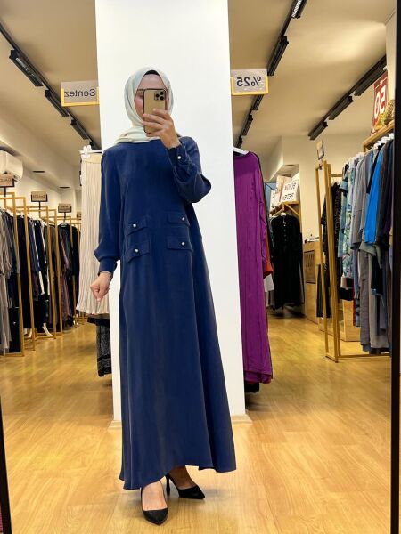 MissDalida Çift Cep Kapaklı Cupro Elbise T25Y-4035