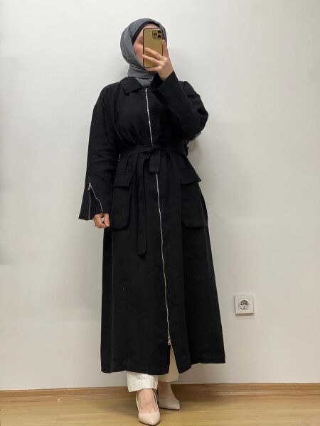 MissWhence Fermuar Detaylı Keten Pardesü 25Y-37509