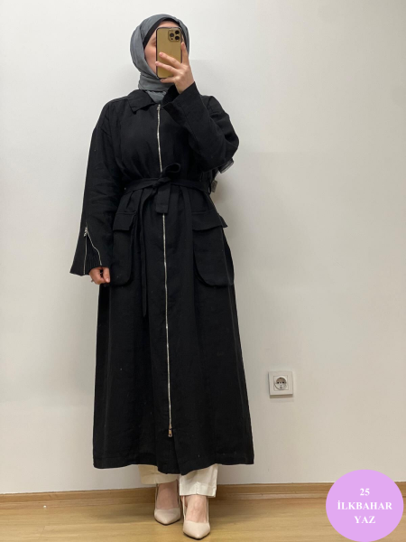 MissWhence Fermuar Detaylı Keten Pardesü 25Y-37509