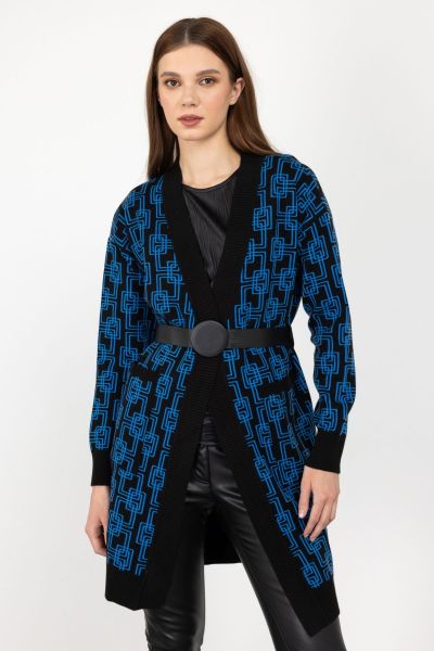 On Triko Geometrik Desenli Kemerli Triko Hırka T24K23942