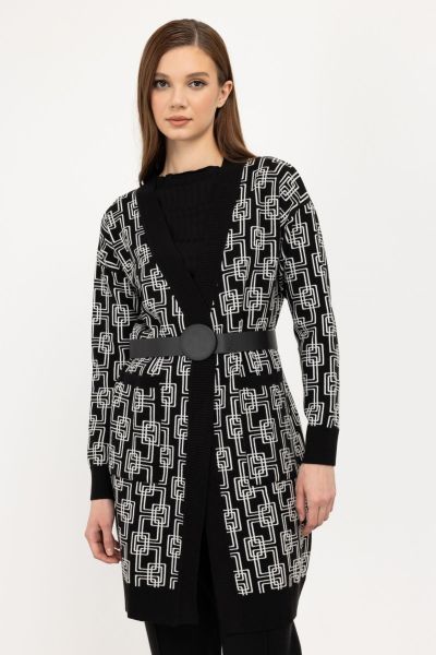 On Triko Geometrik Desenli Kemerli Triko Hırka T24K23942