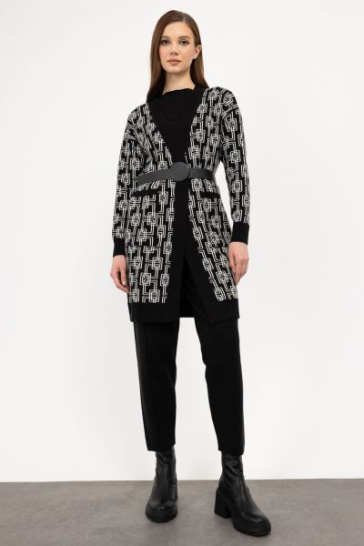 On Triko Geometrik Desenli Kemerli Triko Hırka T24K23942