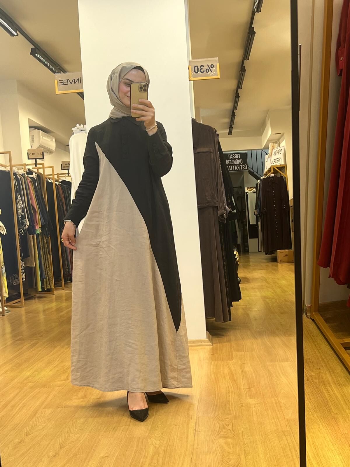 MissDalida Gömlek Yaka İki Renk Keten Elbise T25Y-4056