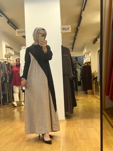 MissDalida Gömlek Yaka İki Renk Keten Elbise T25Y-4056