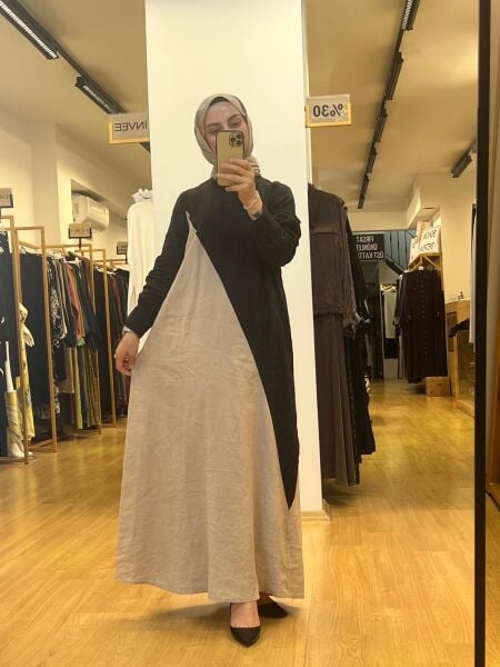 MissDalida Gömlek Yaka İki Renk Keten Elbise T25Y-4056