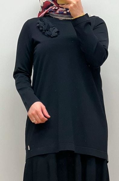 MissDalida Arkası Cupro Önü Gül Broşlu Triko Tunik 25Y-6011