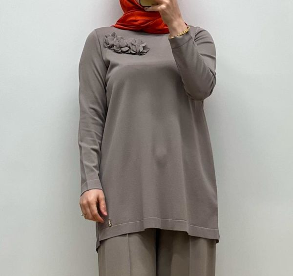 MissDalida Arkası Cupro Önü Gül Broşlu Triko Tunik 25Y-6011