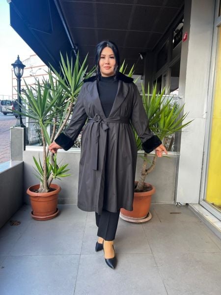 MissDalida Kürklü Triko Astarlı Trençkot T25K-8005-BB
