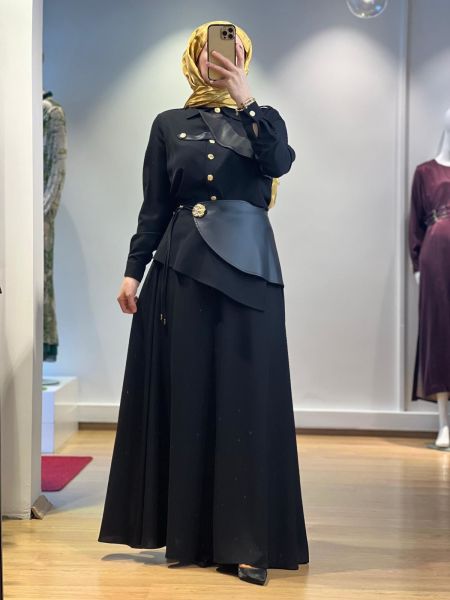 Jamıla Sarah Aller Paçalı Deri Garnirli Bluz Etek Takım FW25-9005