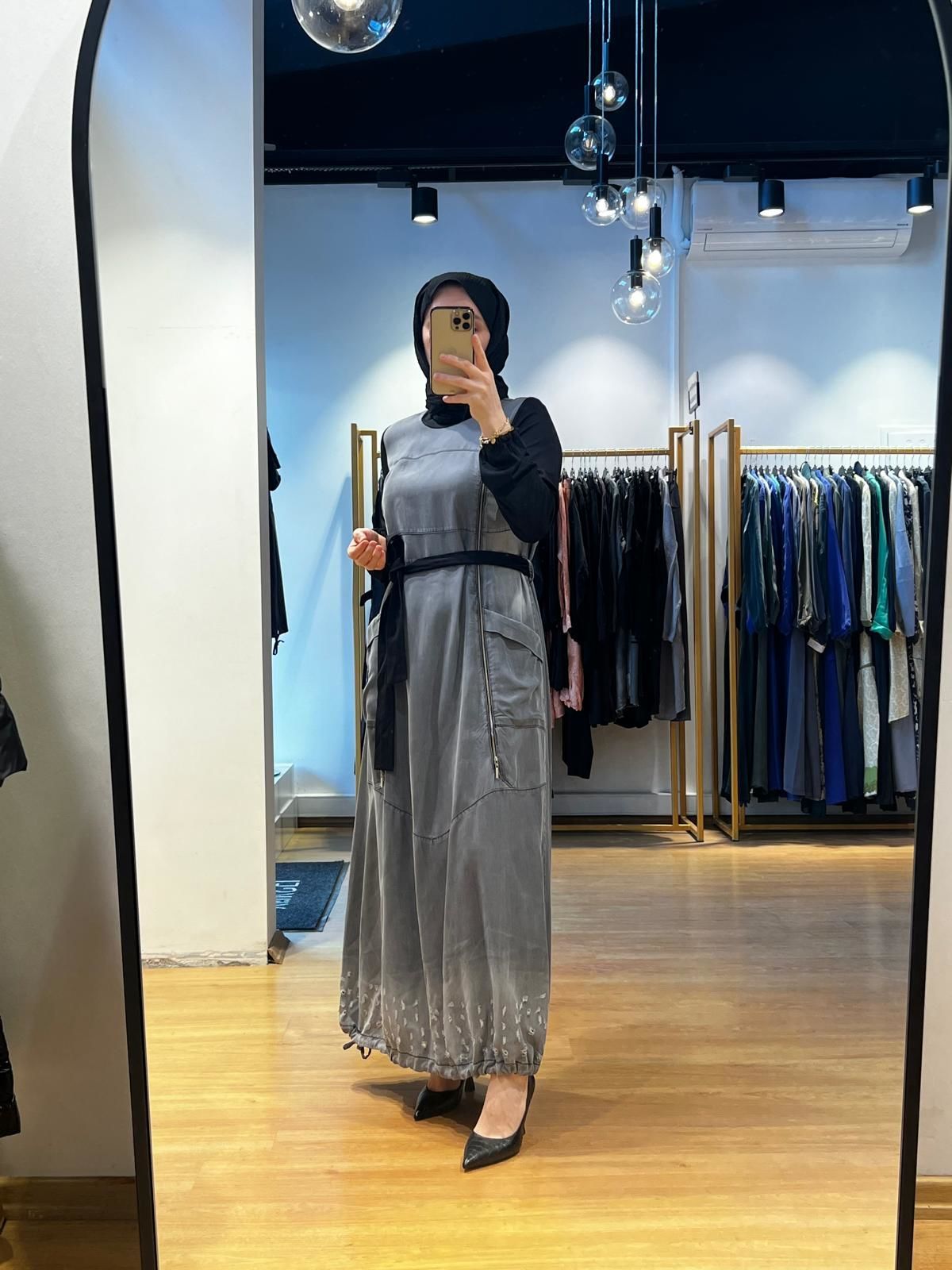 MissWhence Fermuarlı Tencel Kot Elbise 35807