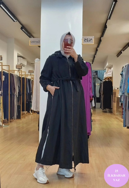 MissWhence Kapuşonlu Fermuar Detaylı Keten Pardesü 25Y-37514-1