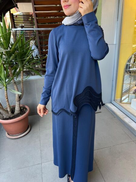 MissDalida Asimetrik Denim Detaylı Triko Tunik T25PF-6020