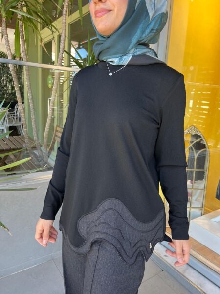 MissDalida Asimetrik Denim Detaylı Triko Tunik T25PF-6020