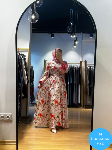 Jamıla Sarah Kolları Balonlu Desenli Elbise SS24-3007