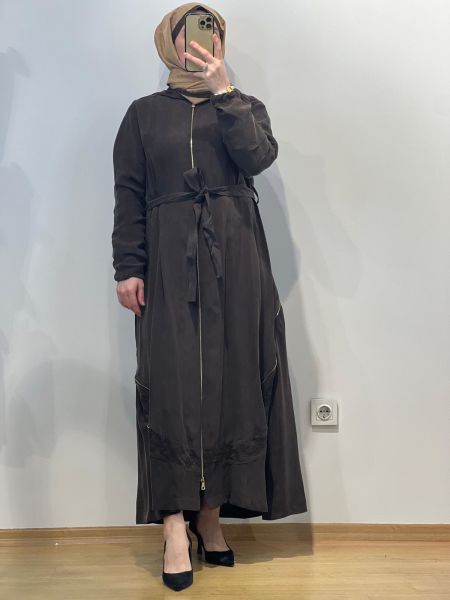 MissWhence Kapüşonlu Nakışlı Fermuarlı Cupro Ferace 25Y-37500