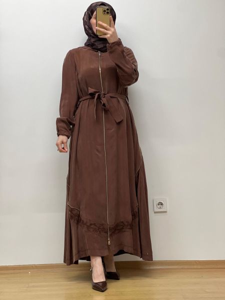 MissWhence Kapüşonlu Nakışlı Fermuarlı Cupro Ferace 25Y-37500